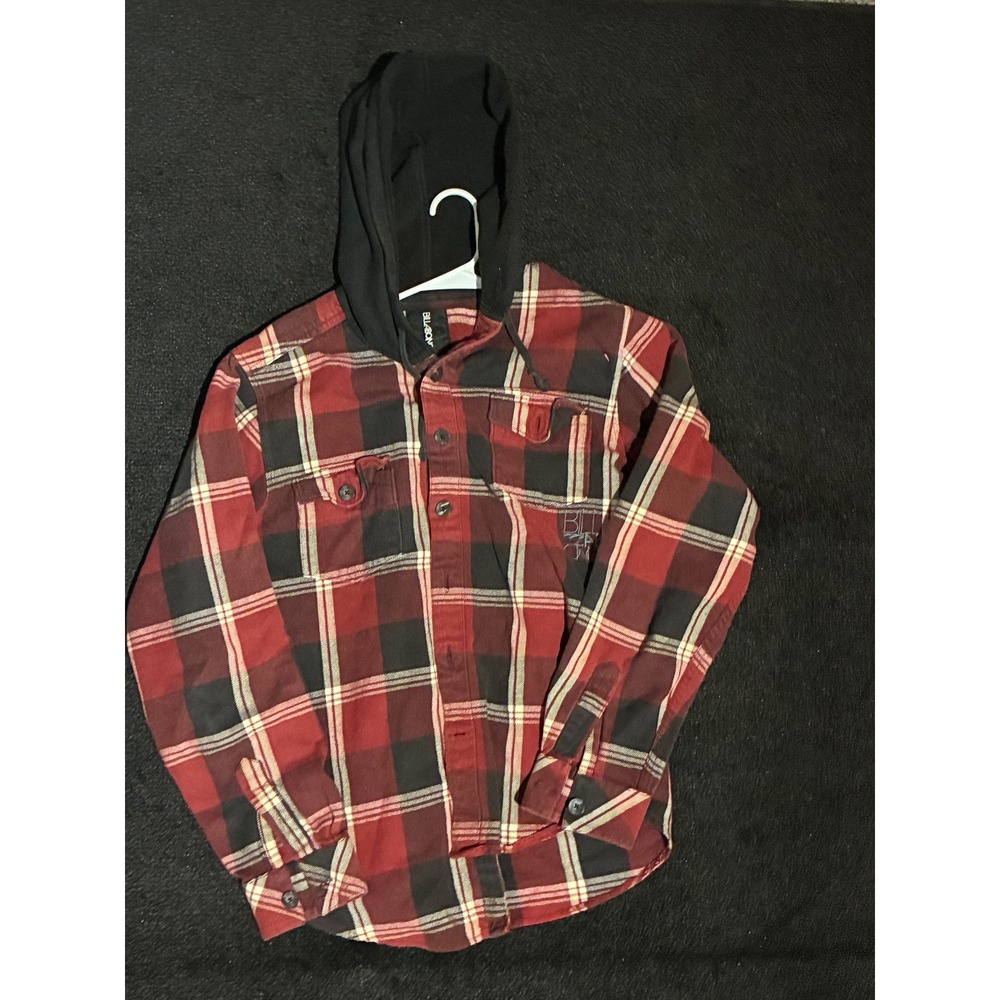 Billabong Mens Red Black Plaid Hooded Flannel Shirt Button Up Hoodie Large